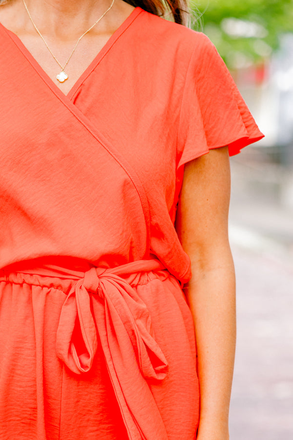 Chic Soul plus size clothing, solid orange short-flutter sleeve v-neck romper with waist tie and pockets