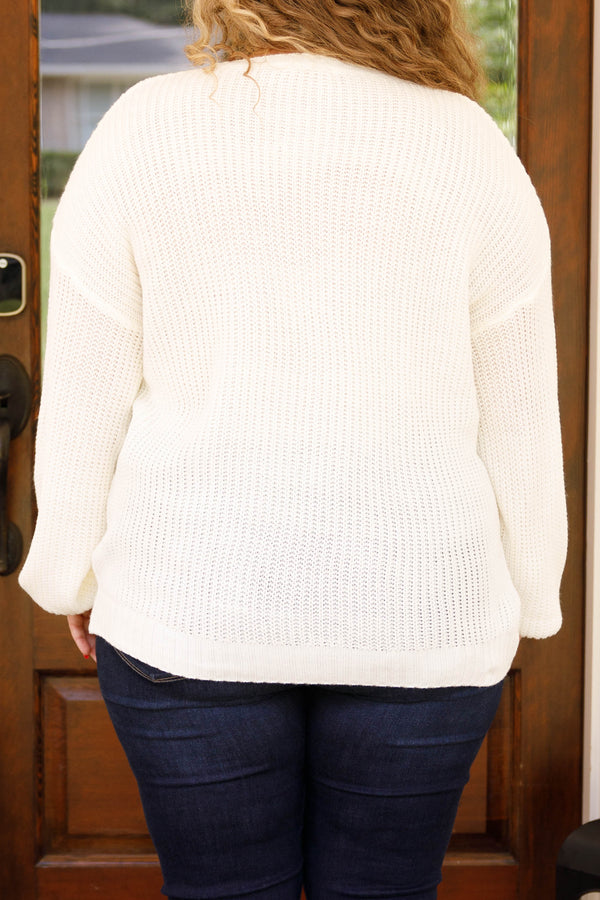 Chic Soul plus size clothing, ivory sweater with embroidery detailing and bubble sleeves