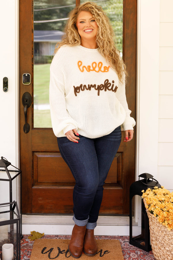 Chic Soul plus size clothing, ivory sweater with embroidery detailing and bubble sleeves