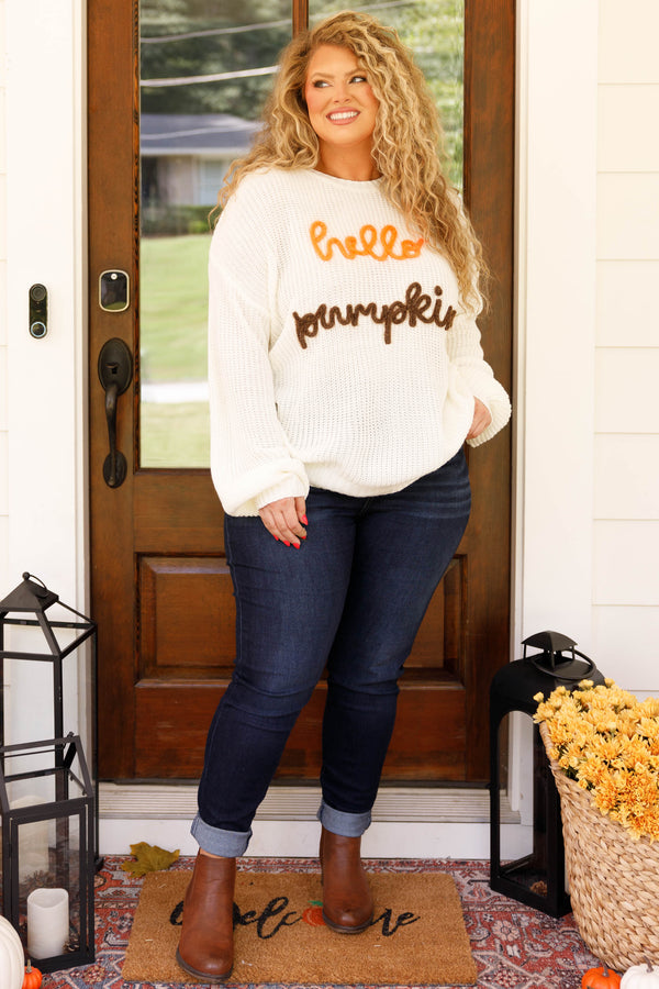 Chic Soul plus size clothing, ivory sweater with embroidery detailing and bubble sleeves