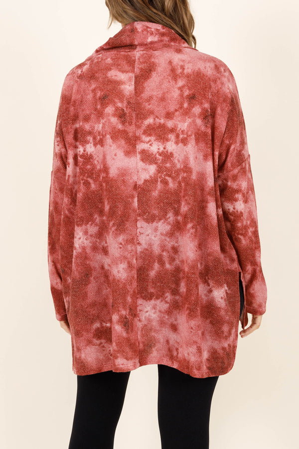 Chic Soul plus size clothing, cabernet colored tie dye mock neck top with slits on the sides