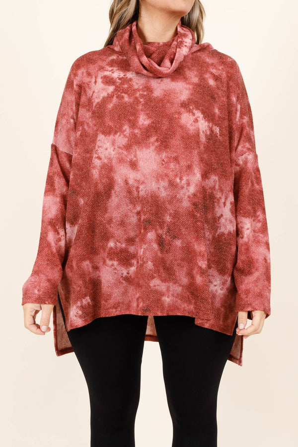Chic Soul plus size clothing, cabernet colored tie dye mock neck top with slits on the sides