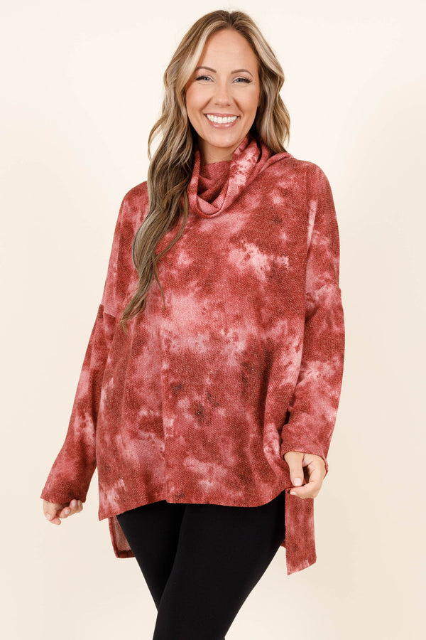 Chic Soul plus size clothing, cabernet colored tie dye mock neck top with slits on the sides