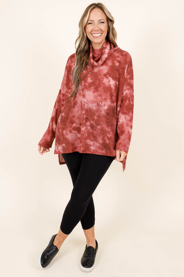 Chic Soul plus size clothing, cabernet colored tie dye mock neck top with slits on the sides