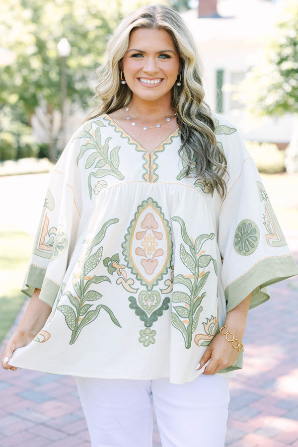 Plus size top in olive, a flowy 100% cotton boho blouse with intricate embroidery.