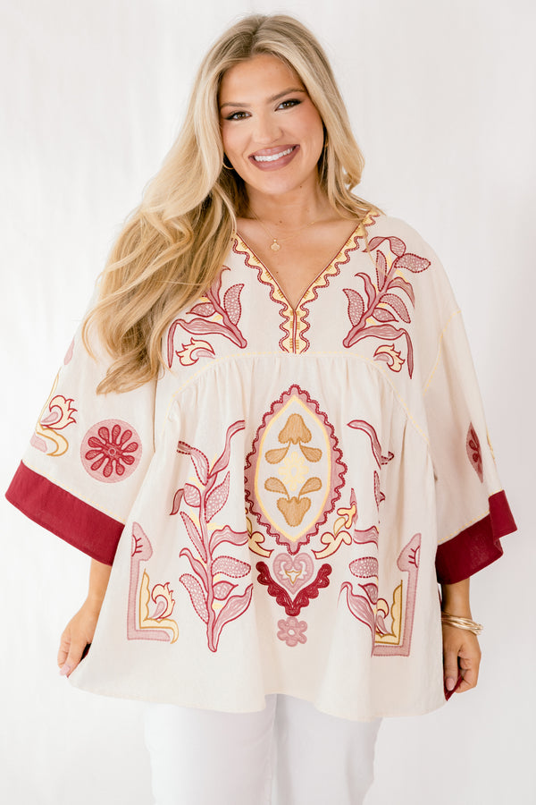 Chic Soul plus size clothing, ivory 3/4 bell sleeve v neck top with burgundy, pink, and gold embroidery detailing