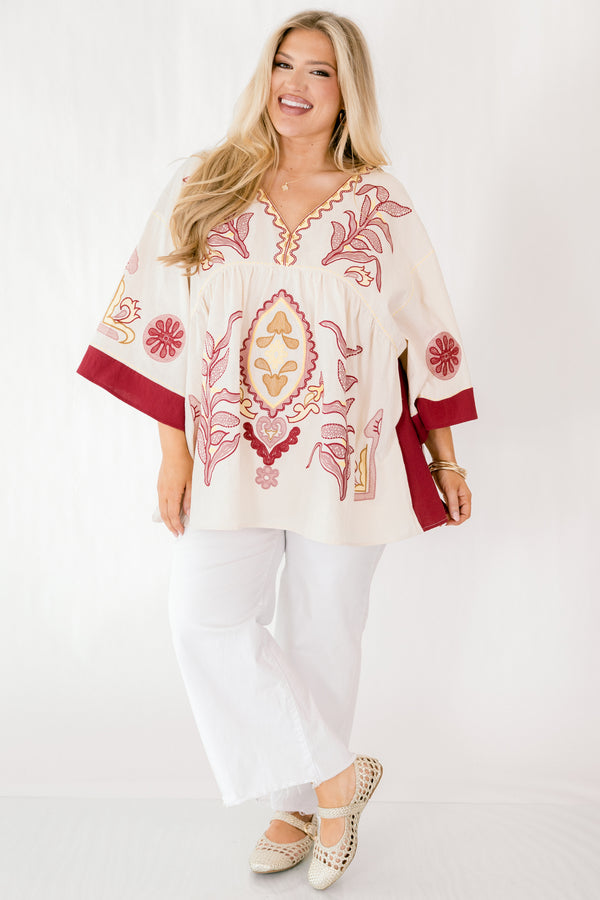 Chic Soul plus size clothing, ivory 3/4 bell sleeve v neck top with burgundy, pink, and gold embroidery detailing