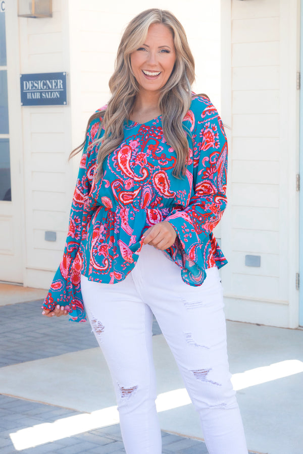 Chic Soul plus size clothing, teal and red paisley patterned top with ruffle hemline and sleeves