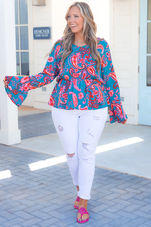 Chic Soul plus size clothing, teal and red paisley patterned top with ruffle hemline and sleeves