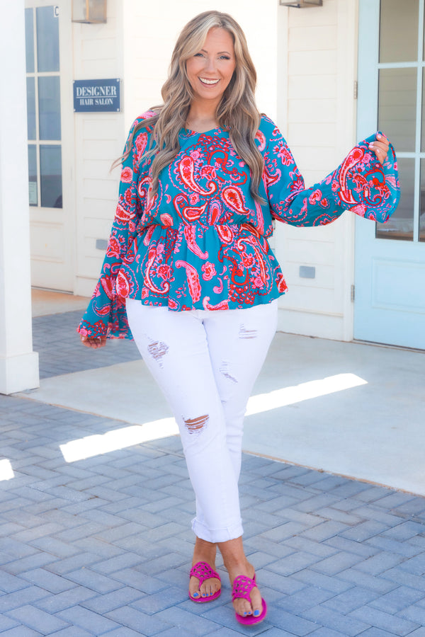 Chic Soul plus size clothing, teal and red paisley patterned top with ruffle hemline and sleeves