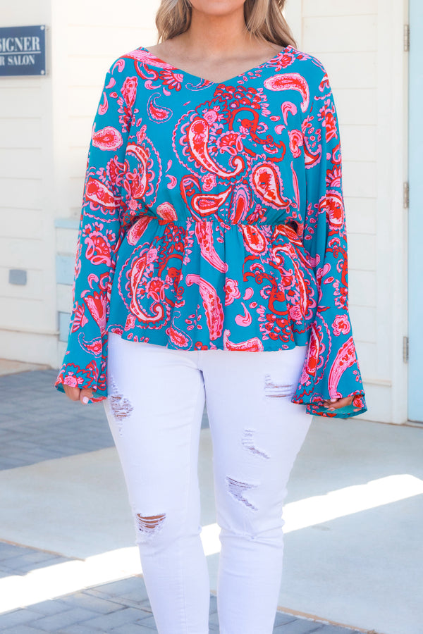 Chic Soul plus size clothing, teal and red paisley patterned top with ruffle hemline and sleeves