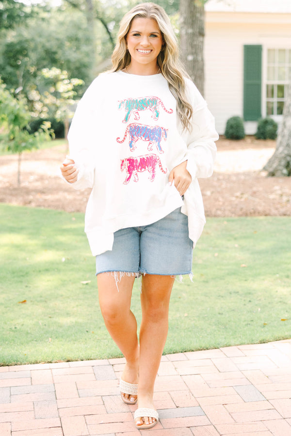 Plus size ivory crew sweatshirt with colorful tiger graphics.