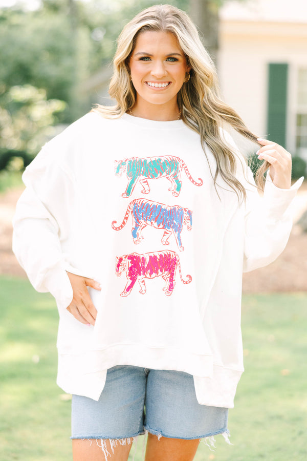 Plus size ivory crew sweatshirt with colorful tiger graphics.