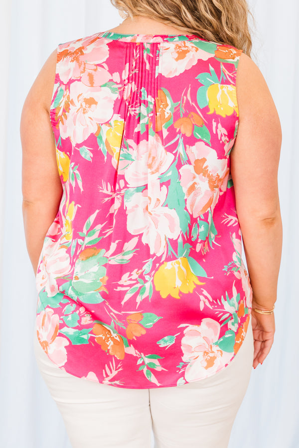 Chic Soul plus size clothing, pink sleeveless tank with large floral multi print with v cutout on neckline