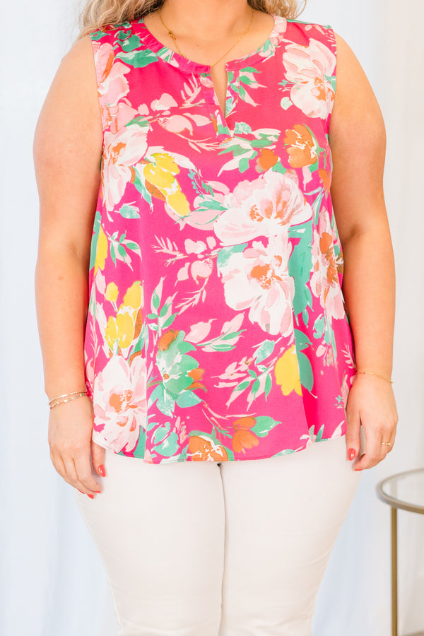 Chic Soul plus size clothing, pink sleeveless tank with large floral multi print with v cutout on neckline