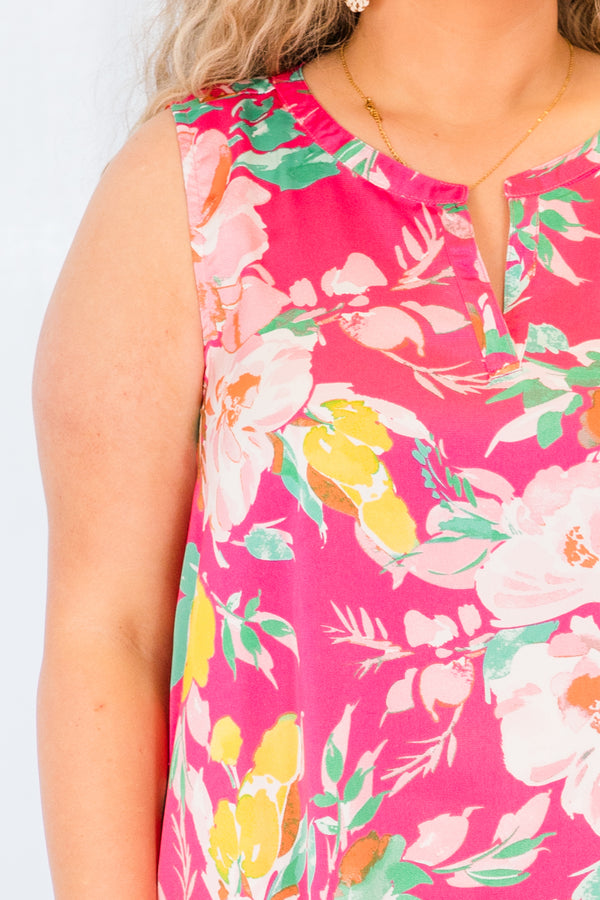 Chic Soul plus size clothing, pink sleeveless tank with large floral multi print with v cutout on neckline