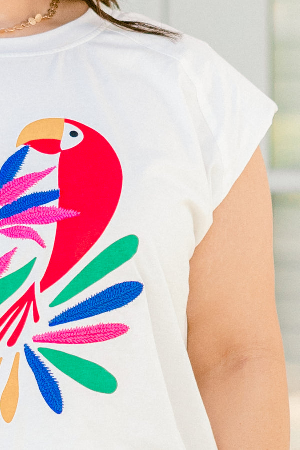 Chic Soul Plus size clothing, Chic Soul Plus size clothing,White sleeveless graphic tee with a colorful parrot graphic on the center on the shirt 
