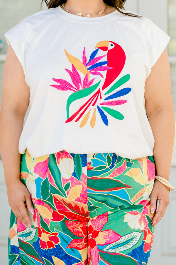 Chic Soul Plus size clothing, Chic Soul Plus size clothing,White sleeveless graphic tee with a colorful parrot graphic on the center on the shirt 
