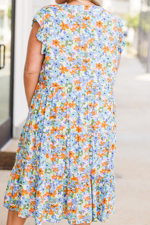 Chic Soul plus size clothing, sleeveless purple baby doll midi dress with v-neckline and purple and orange floral pattern 