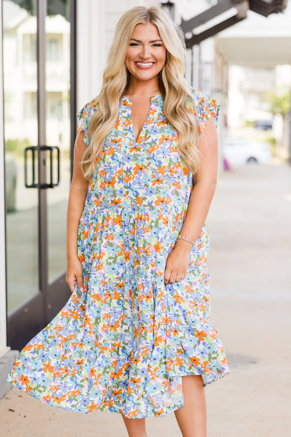 Chic Soul plus size clothing, sleeveless purple baby doll midi dress with v-neckline and purple and orange floral pattern 
