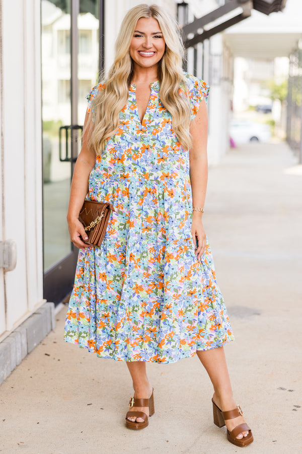 Chic Soul plus size clothing, sleeveless purple baby doll midi dress with v-neckline and purple and orange floral pattern 