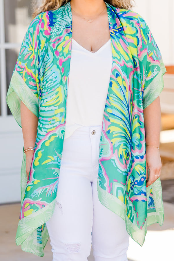 Chic Soul plus size clothing, green multi print short sleeve kimono