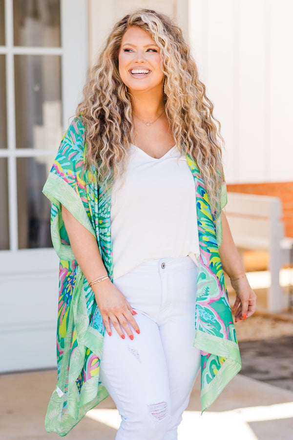Chic Soul plus size clothing, green multi print short sleeve kimono