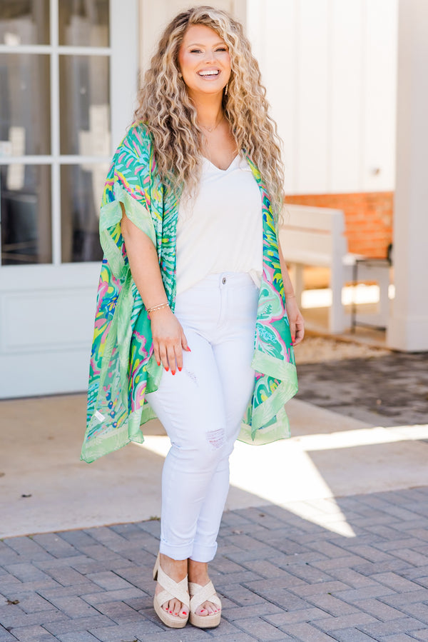 Chic Soul plus size clothing, green multi print short sleeve kimono