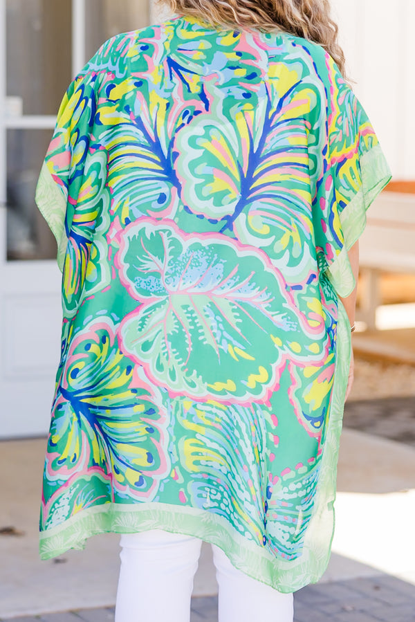 Chic Soul plus size clothing, green multi print short sleeve kimono