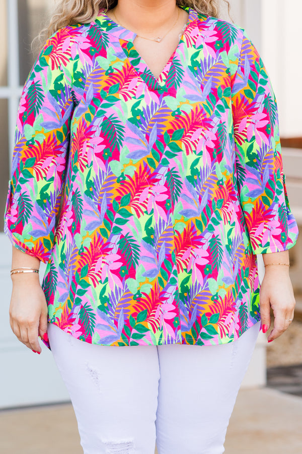 Chic Soul plus size clothing, multi tropical print three quarter length sleeve top with v neckline
