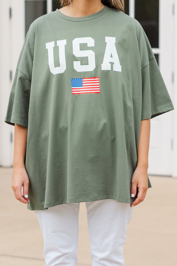 Chic Soul plus size clothing, moss short sleeve boyfriend tee with USA in white and american flag graphic