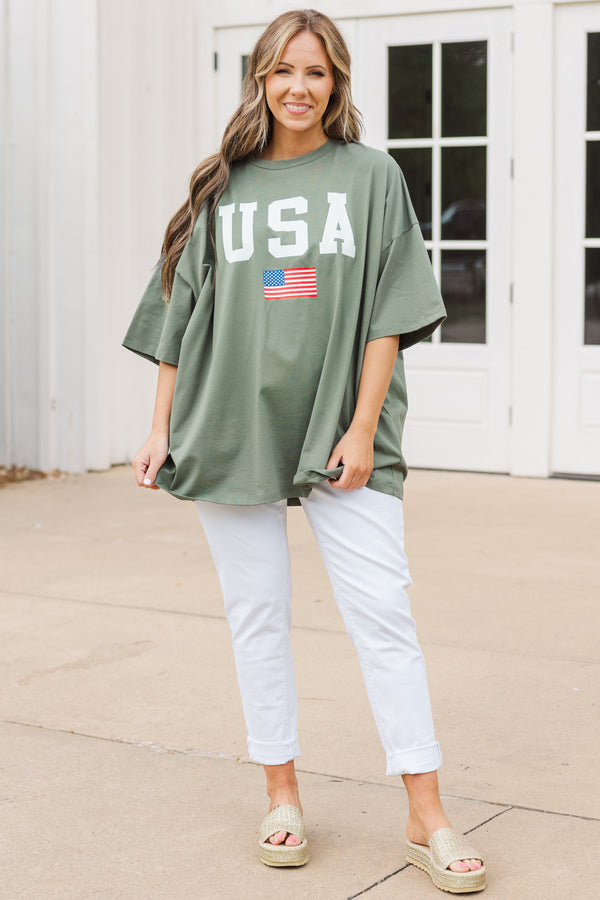 Chic Soul plus size clothing, moss short sleeve boyfriend tee with USA in white and american flag graphic