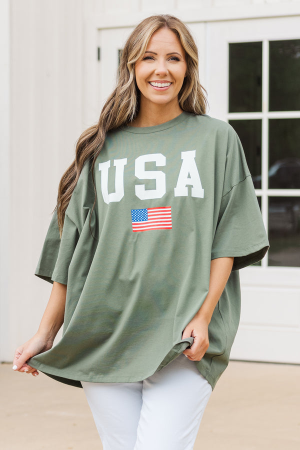 Chic Soul plus size clothing, moss short sleeve boyfriend tee with USA in white and american flag graphic