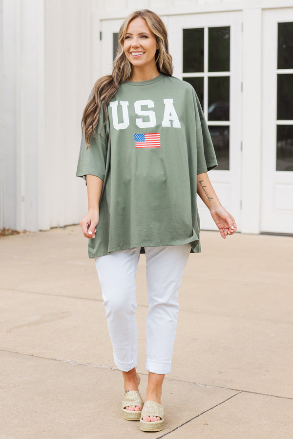 Chic Soul plus size clothing, moss short sleeve boyfriend tee with USA in white and american flag graphic