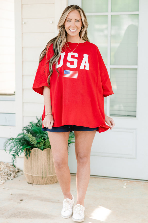 Plus Size oversized red boyfriend tee with white USA lettering and an American flag graphic.