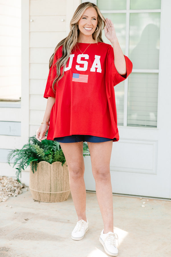 Plus Size oversized red boyfriend tee with white USA lettering and an American flag graphic.
