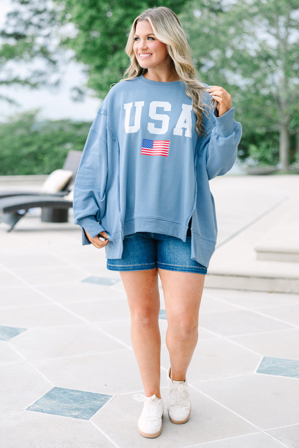 Chic Soul plus size clothing, denim colored oversized comfy crew neck sweatshirt