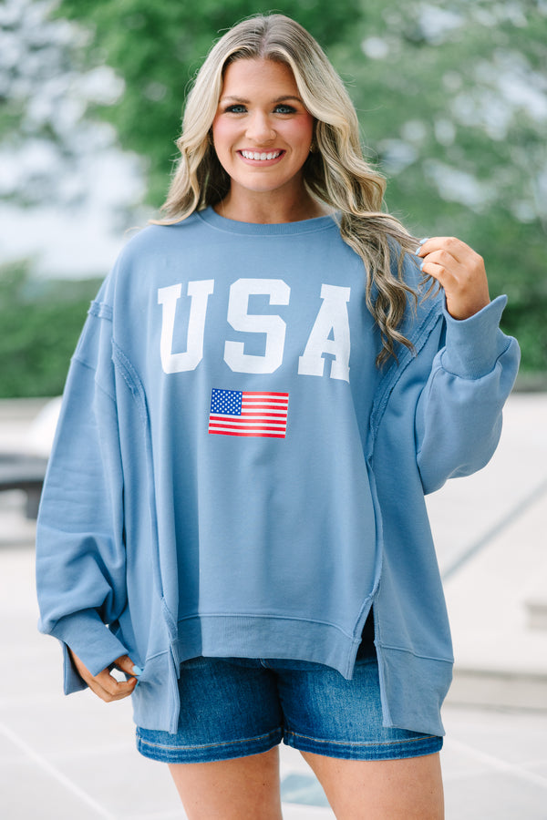 Chic Soul plus size clothing, denim colored oversized comfy crew neck sweatshirt