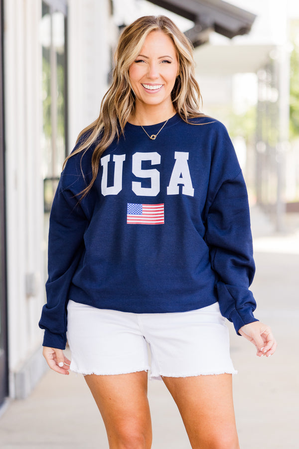 Chic Soul plus size clothing, long-sleeve navy blue crewneck sweatshirt with white lettering stating 