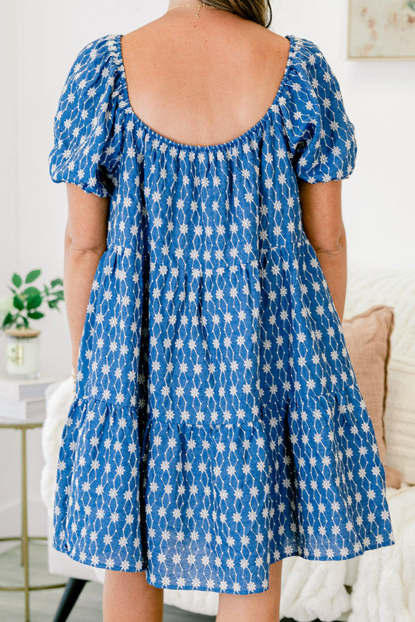 Chic Soul plus size clothing, blue short-bubble sleeve square neckline tiered mini dress with dainty white embroidered diamond flower pattern