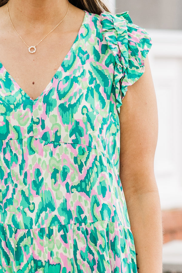 Chic Soul plus size clothing, sleeveless green ruffled dress with v-neckline and ruffled details on straps
