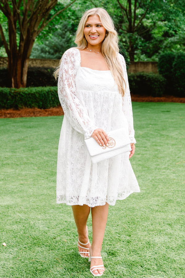 Chic Soul plus size clothing, solid white knee length casual dress with a lace three quarter sleeve