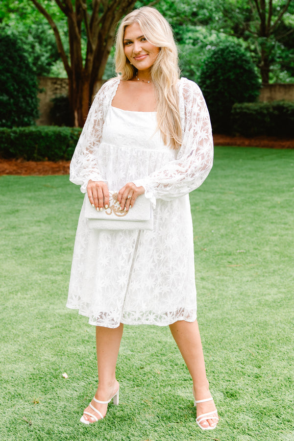 Chic Soul plus size clothing, solid white knee length casual dress with a lace three quarter sleeve