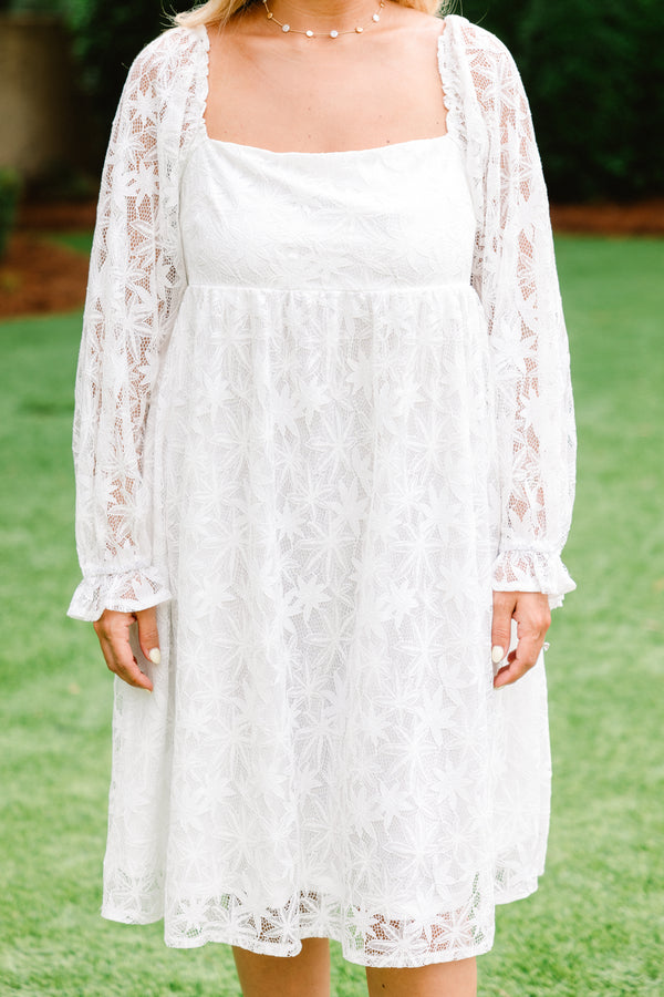 Chic Soul plus size clothing, solid white knee length casual dress with a lace three quarter sleeve