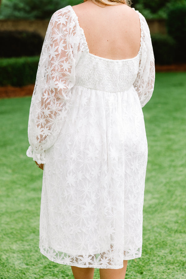 Chic Soul plus size clothing, solid white knee length casual dress with a lace three quarter sleeve
