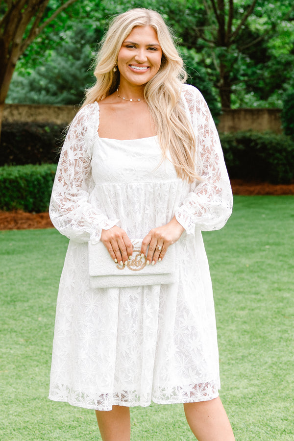 Chic Soul plus size clothing, solid white knee length casual dress with a lace three quarter sleeve