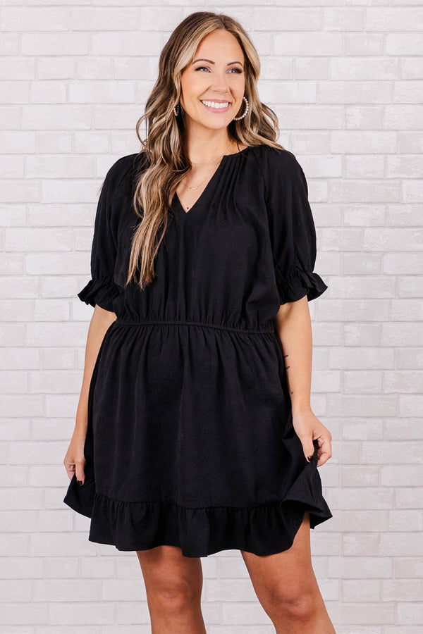 Chic Soul plus size clothing, black short sleeve mini dress with v neck and synched waist with ruffle along sleeves and bottom
