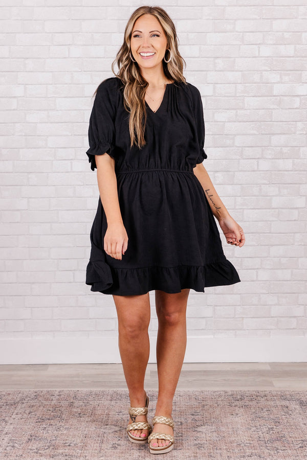 Chic Soul plus size clothing, black short sleeve mini dress with v neck and synched waist with ruffle along sleeves and bottom