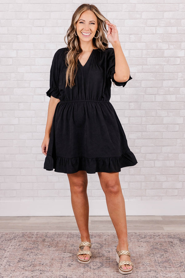 Chic Soul plus size clothing, black short sleeve mini dress with v neck and synched waist with ruffle along sleeves and bottom