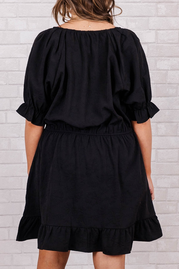 Chic Soul plus size clothing, black short sleeve mini dress with v neck and synched waist with ruffle along sleeves and bottom
